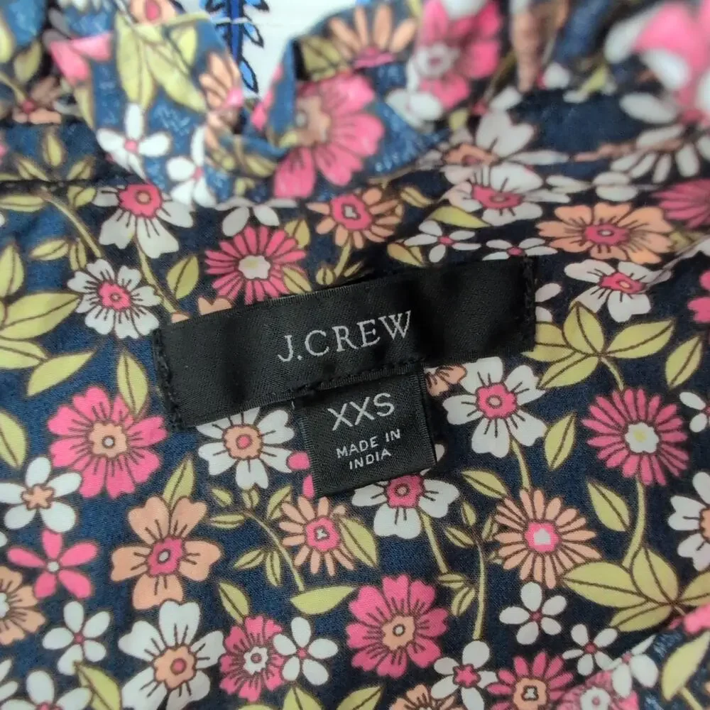 J.Crew Blouse XXS 2XS Floral Ruffle‎ Neck Smocked Puff Sleeve Cotton Poplin